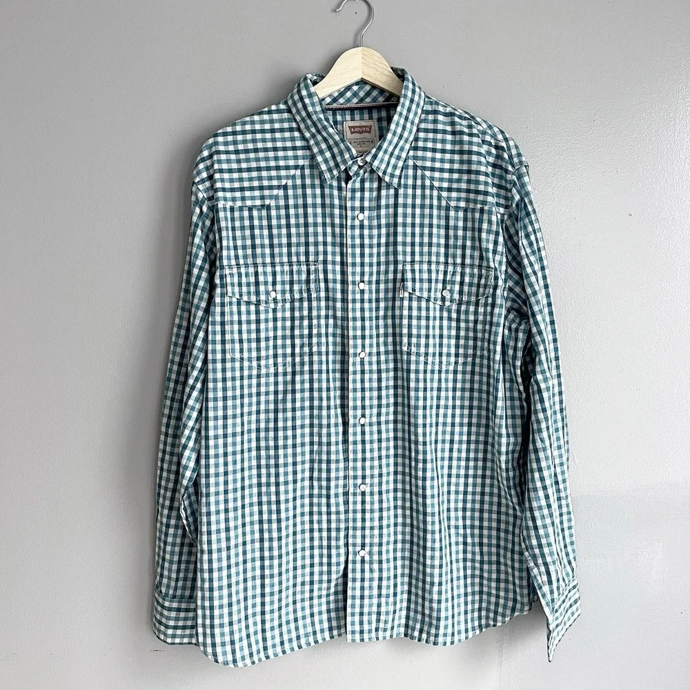 Levi's Men's Teal Gingham Plaid Check Pearl Snap Shirt Western Long Sleeve Large